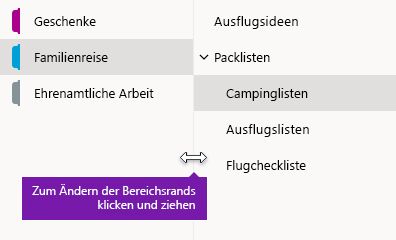 Ändern der Größe der Navigationsbereiche in OneNote für Windows 10