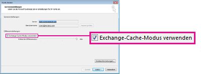 Kontrollkästchen 'Exchange-Cache-Modus verwenden' im Dialogfeld 'Konto wechseln'