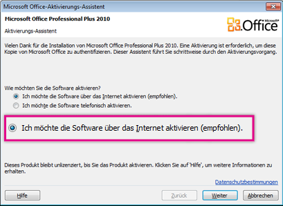 Aktivieren der Software über das Internet