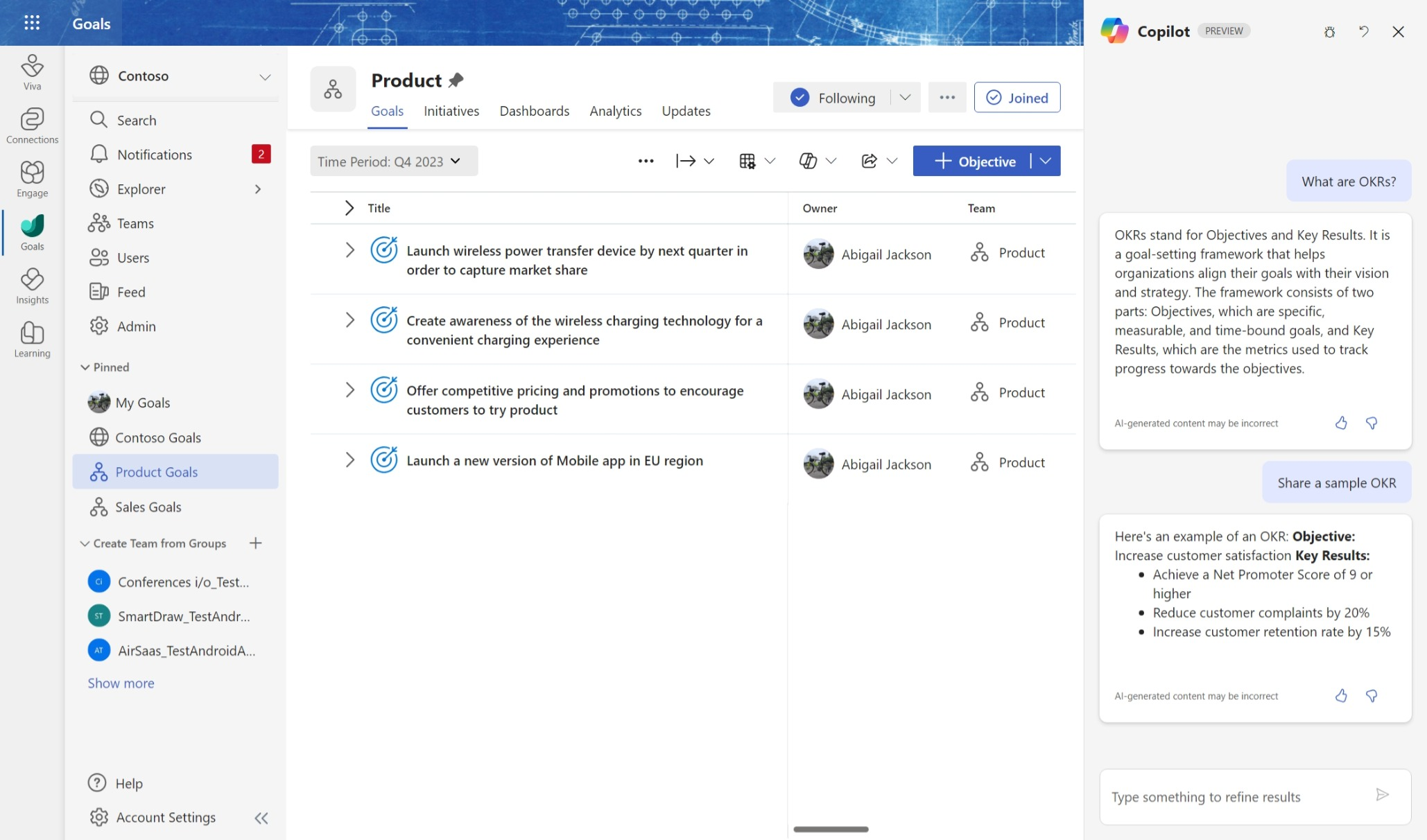 Screenshot: Ansicht der OKRs eines Produktteams, in dem der Benutzer auf der rechten Seite Copilot-Fragen zur OKR-Methodik stellt.