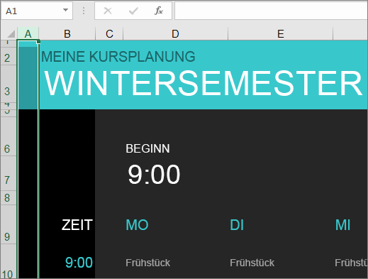 Alte Excel-Vorlage für Studienkurs-Manager ohne Beschreibungen für Elemente.