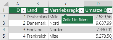 Die erste Zeile wird beim Klicken auf "Oberste Zeile fixieren" gesperrt.