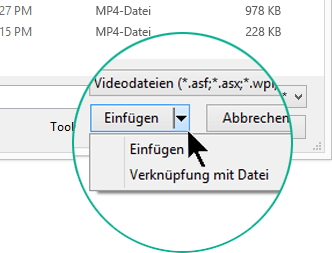 Wählen Sie im Dialogfeld "Video einfügen" zwischen "Einfügen" (d. h. "Einbetten") oder "Mit Datei verknüpfen" aus.