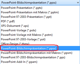 Die Liste der Dateitypen in PowerPoint enthält "PowerPoint Show (.ppsx)".