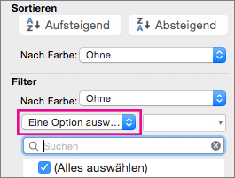 Im Feld "Filter" die Option "Auswählen" aktivieren