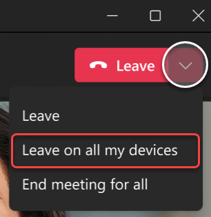 Screenshot der Dropdownliste "Besprechung verlassen" in Teams für Desktop.