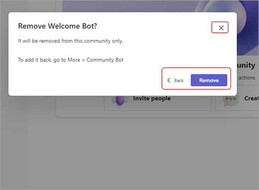 Screenshot der Löschnachricht des Communitybots in Microsoft Teams (kostenlos) mit Optionen zum Entfernen, Zurückkehren oder Beenden.