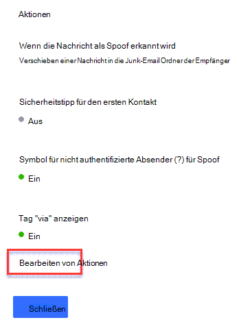 Der Bereich für Antiphishing-Richtlinienaktionen mit einem Pfeil, der auf den Link Aktionen bearbeiten zeigt.