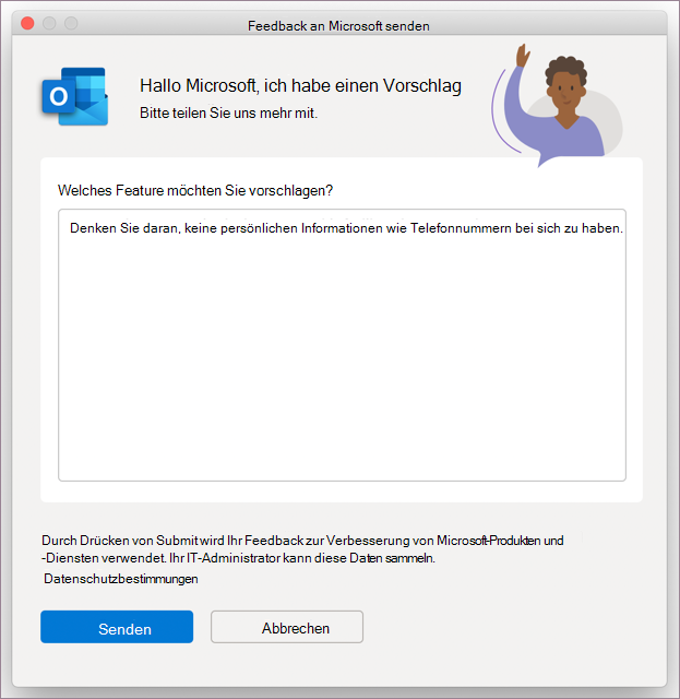 Dialogfeld "Feedback" für Outlook unter MacOS