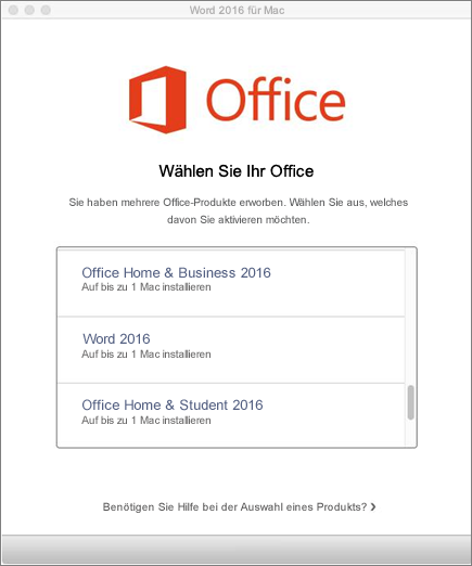 Auswählen des Lizenztyps für Office 2016 für Mac