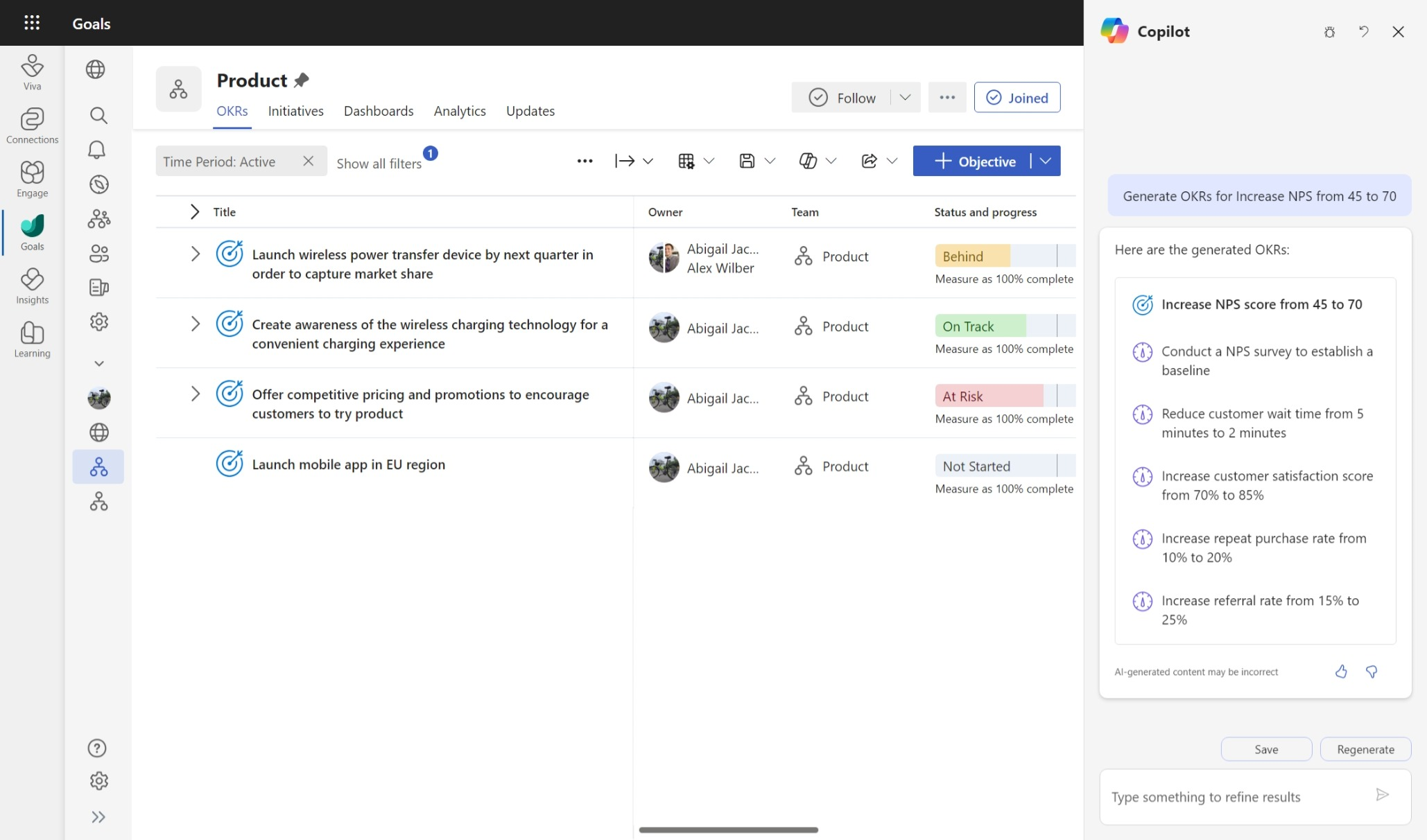 Screenshot: Copilot generiert OKRs aus einem Zieltitel.