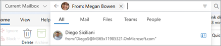Geben Sie Text in die Suchleiste ein, um Suchbereichsvorschläge wie Alle, E-Mail, Dateien, Teams und Personen anzuzeigen.