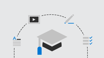 Illustration einer Absolventenkappe, die mit Text-, Video-, Schrift- und Checklistensymbolen verbunden ist und Bildungsressourcen darstellt