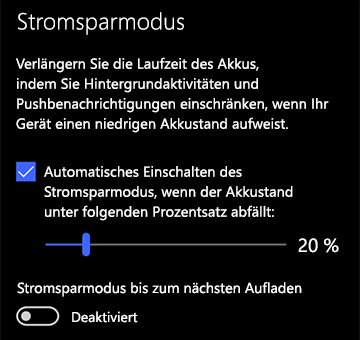 Bild der Einstellungen für den Stromsparmodus