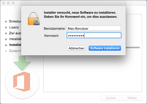 Geben Sie Ihr Administratorkennwort ein, um mit der Installation zu beginnen.