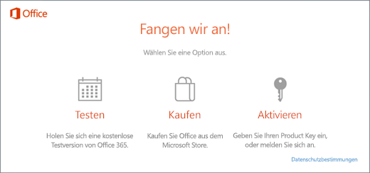 Screenshot mit den Standardoptionen zum Testen, Kaufen oder Aktivieren für einen PC, auf dem Office vorinstalliert ist.