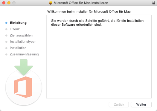 Erster Installationsbildschirm von Mac 2016 mit hervorgehobener Option "Weiter"