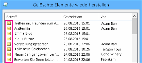 Alle Elementtypen im Ordner "Wiederherstellbare Elemente" weisen das gleiche Symbol auf.