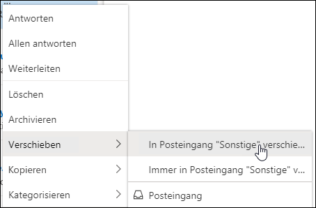 Screenshot des Kontextmenüs mit den Optionen "In den anderen Posteingang verschieben" und "Immer in den anderen Posteingang verschieben".