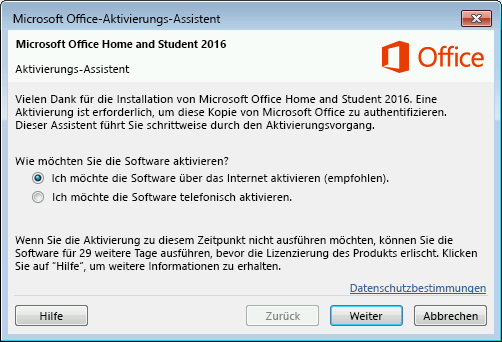 Zeigt den Microsoft Office-Aktivierungs-Assistenten an