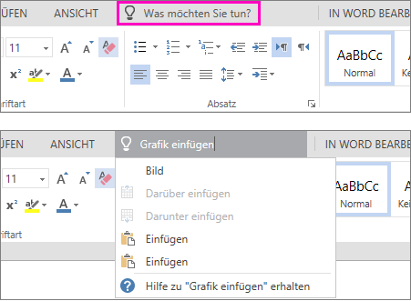 Zeigt das Suchfeld "Sie wünschen" im Menüband in Word Online.