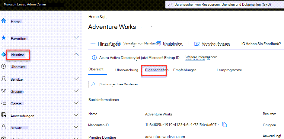 Das Eigenschaftenelement im Azure Active Directory (AAD) Admin Center.