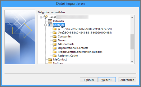 Wenn Sie Google Gmail-Kontakte in Ihr Office 365-Postfach importieren, wählen Sie "Contacts" als Ziel aus.