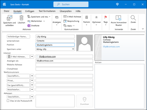 Outlook Neuer Kontakt