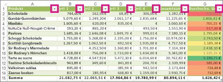 Excel-Tabelle mit integrierten Filtern