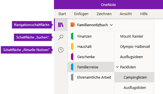 Navigationsleiste in OneNote für Windows 10