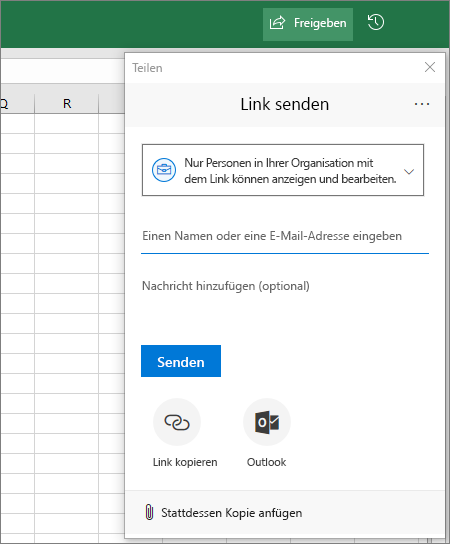 Symbol und Dialogfeld "Freigeben" in Excel