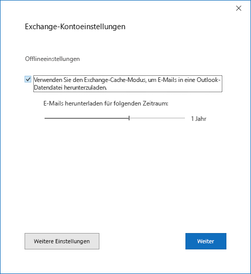 Dialogfeld "Kontoeinrichtung", Seite "Exchange-Kontoeinstellungen".