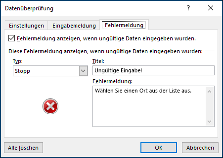 Optionen für Fehlermeldung zur Dropdownliste der Datenüberprüfung