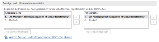 Das Dialogfeld, in dem Sie die Sprache auswählen können, die von Office für Schaltflächen, Menüs und die Hilfe verwendet wird.