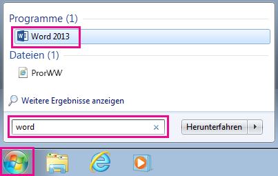 Suchen nach Office-Apps in Windows 7