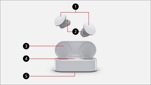 Surface-Ohrhörer und Ladeetui mit Beschriftungen