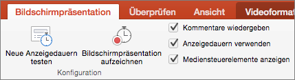 Der Screenshot zeigt die Registerkarte "Bildschirmpräsentation" mit den Optionen zum Testen der neuen Anzeigedauern und zum Aufzeichnen der Bildschirmpräsentation zusammen mit den Kontrollkästchen für die Wiedergabe von Kommentaren, die Verwendung der Anzeigedauern und das Anzeigen von Mediensteuerelementen.