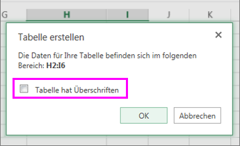 Dialogfeld für das Konvertieren eines Datenbereichs in eine Tabelle