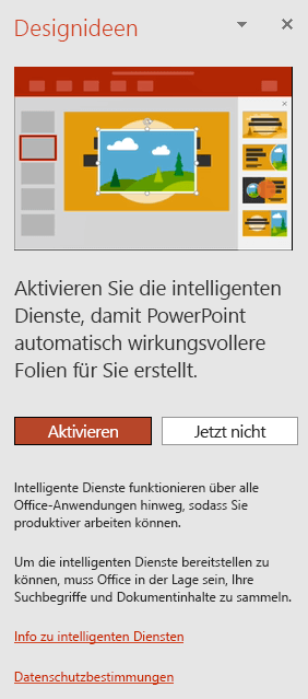 Abbildung der ersten Nachricht, die beim Aufrufen von PowerPoint Designer angezeigt wird