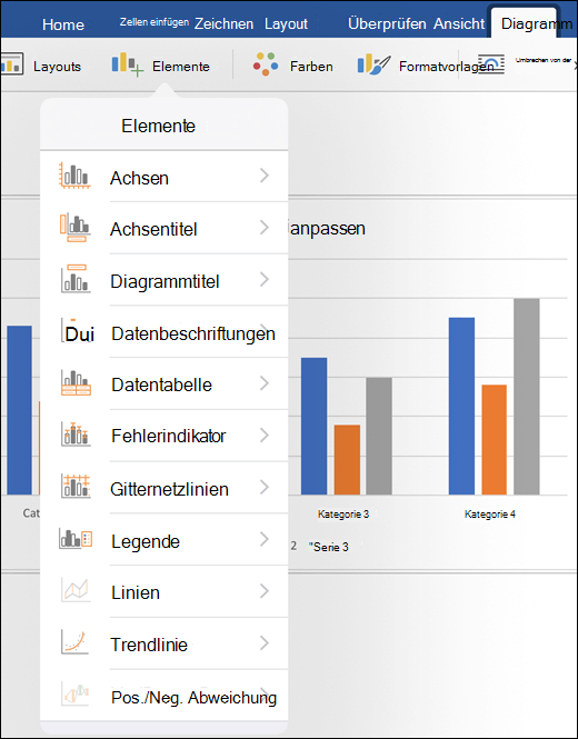 Klicken Sie im Menüband auf der Registerkarte "Diagramm" auf "Elemente", um die Diagrammelemente in Ihrem Dokument anzupassen.