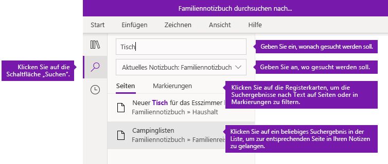 Suchbereichoptionen in OneNote für Windows 10