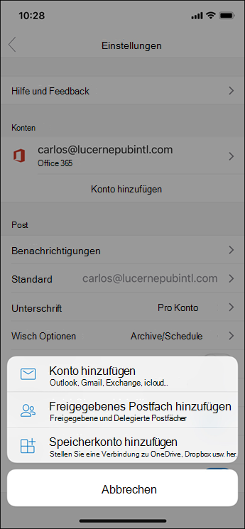 Hinzufügen eines Kontos zur Outlook-App