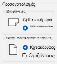 Υπάρχουν επιλογές προσανατολισμού για διαφάνειες, σημειώσεις και σημειώσεις ακροατηρίου.