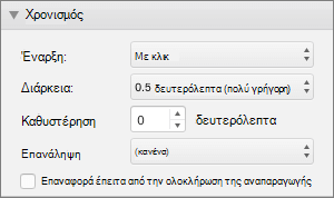 Το στιγμιότυπο οθόνης εμφανίζει την ενότητα "Χρονισμός" του παραθύρου "Κινήσεις" με τις επιλογές "Έναρξη", "Διάρκεια", "Καθυστέρηση" και "Επανάληψη" καθώς και ένα πλαίσιο ελέγχου "Επαναφορά" μετά την ολοκλήρωση της αναπαραγωγής.