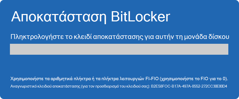 Στιγμιότυπο οθόνης της οθόνης αποκατάστασης BitLocker.