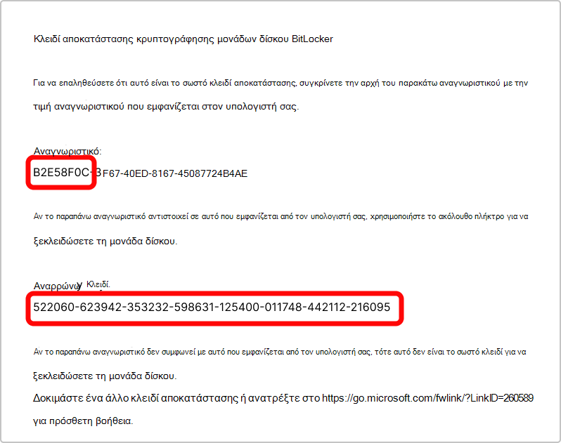 Στιγμιότυπο οθόνης της εκτύπωσης του κλειδιού αποκατάστασης BitLocker.