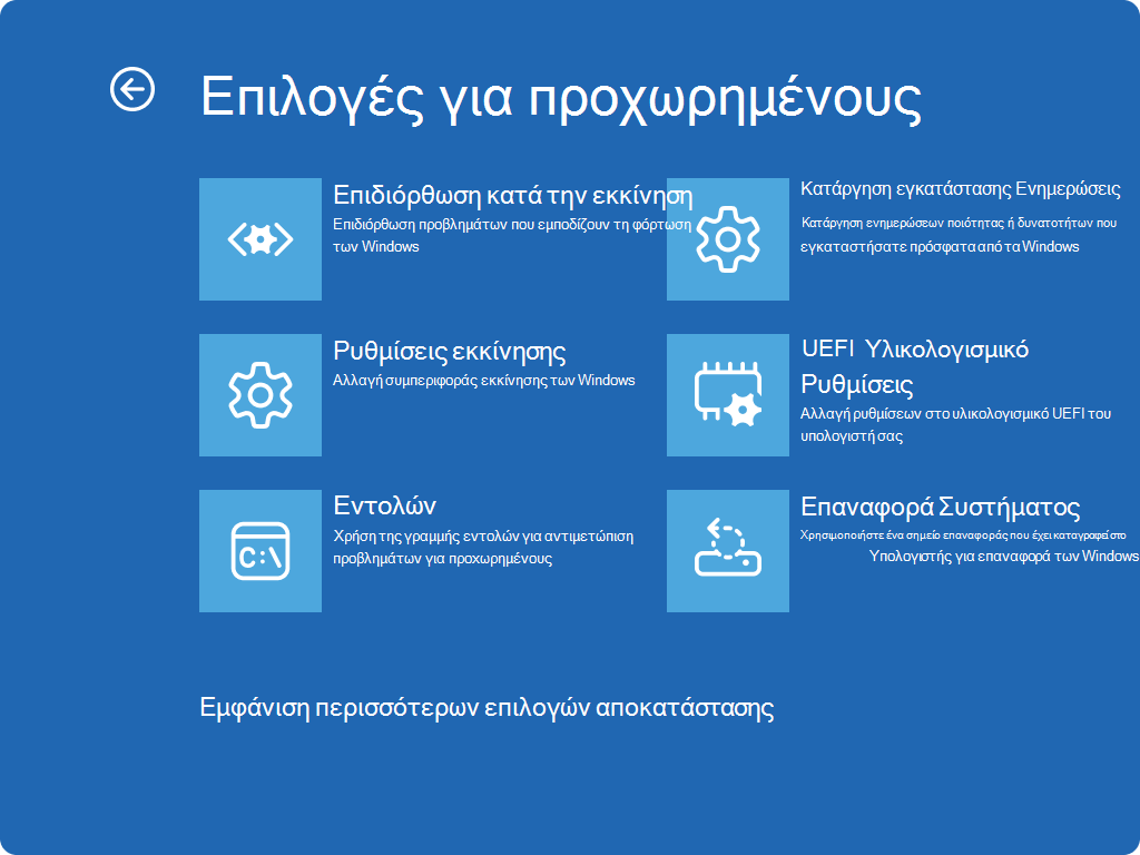 Στιγμιότυπο οθόνης της οθόνης Windows RE - Επιλογές για προχωρημένους.