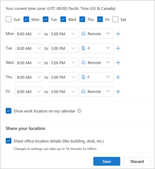 Screenshot of recurring work hours and locations