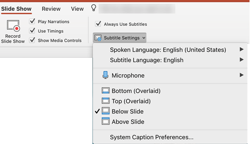 Settings for Captions and Subtitles are on the Slide Show tab in PowerPoint.