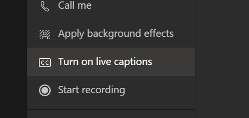 The Turn on live captions option in the Teams meeting options menu